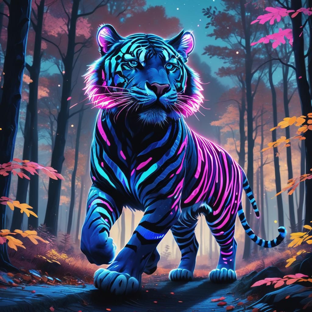 Neon Tiger Galloping Through Moonlit Forest