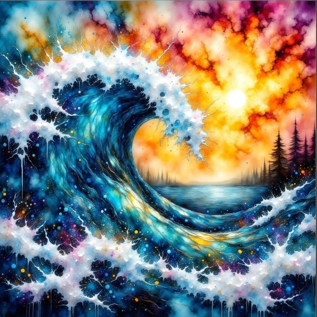 <lora:Alcohol Ink Grunge:1.0> Alcohol ink, stained-glass, Tidal wave!