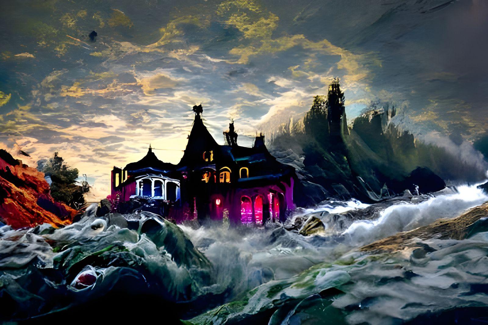Eerie Victorian House with Sea Monster in Digital Art