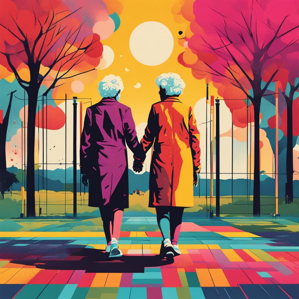 Older Lesbian Couple in Park: Pop Art Screen Print