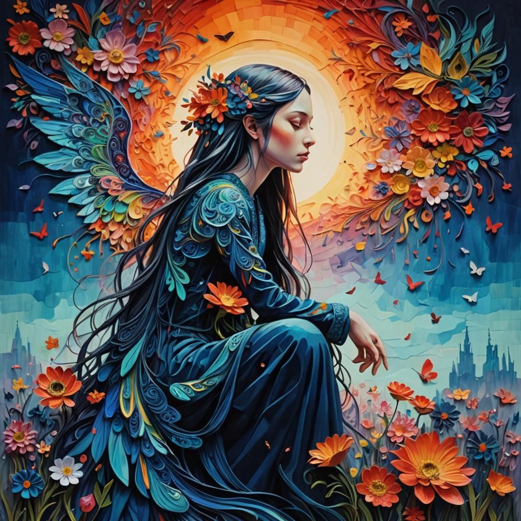 Quilled Girl with Wings in Expressive Impasto Style