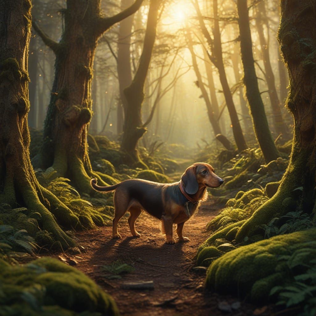 Sausage Dog in Magical Fantasy Forest Digital Painting