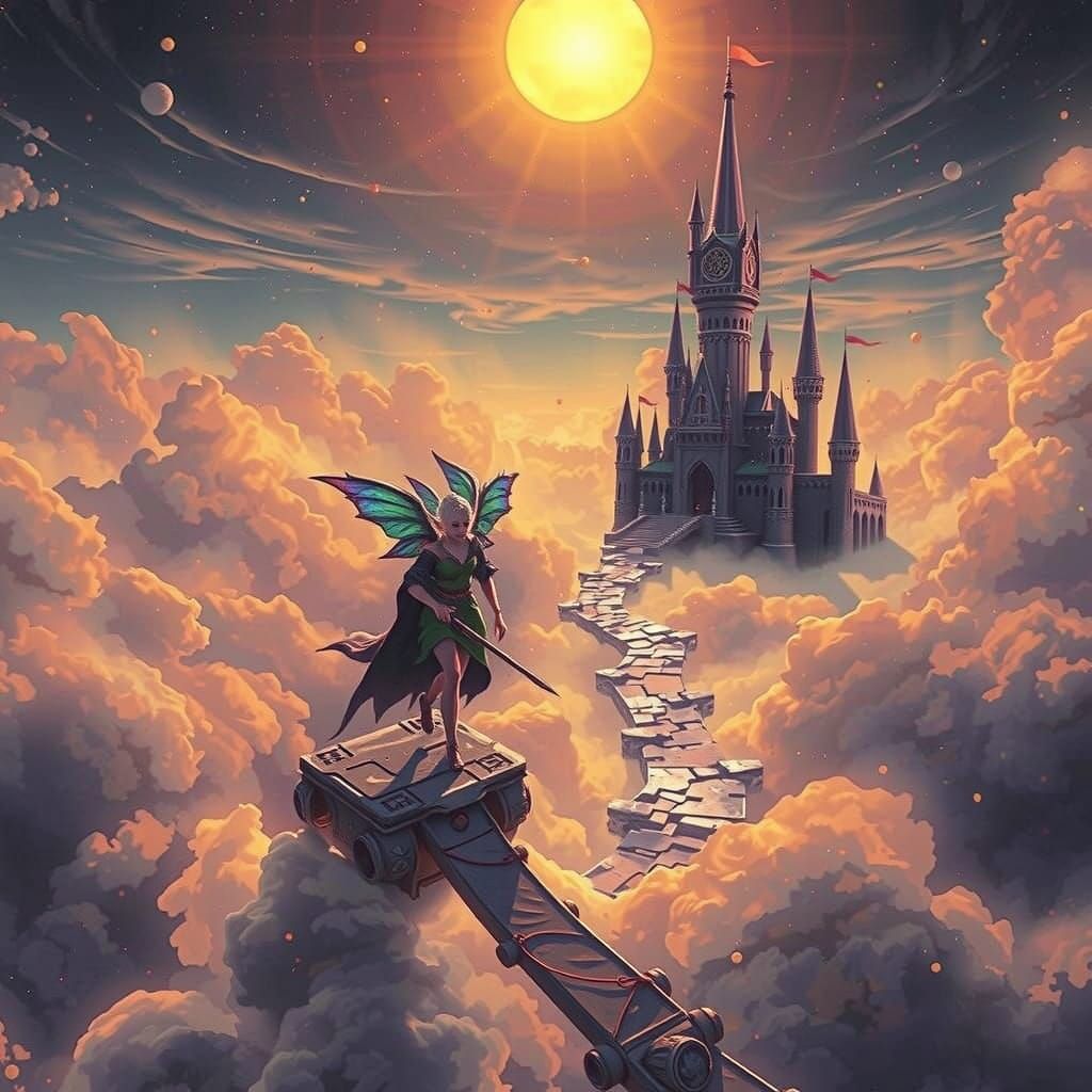 Elves Walk on Golden Clouds Amidst a Fantasy Castle