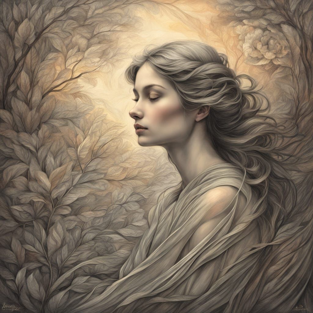 Ethereal Woman Lost in Thought Amidst Warm Golden Light