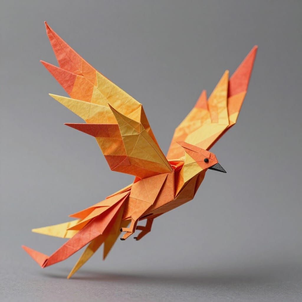 Origami Phoenix in Vibrant Flight as Papercraft Art