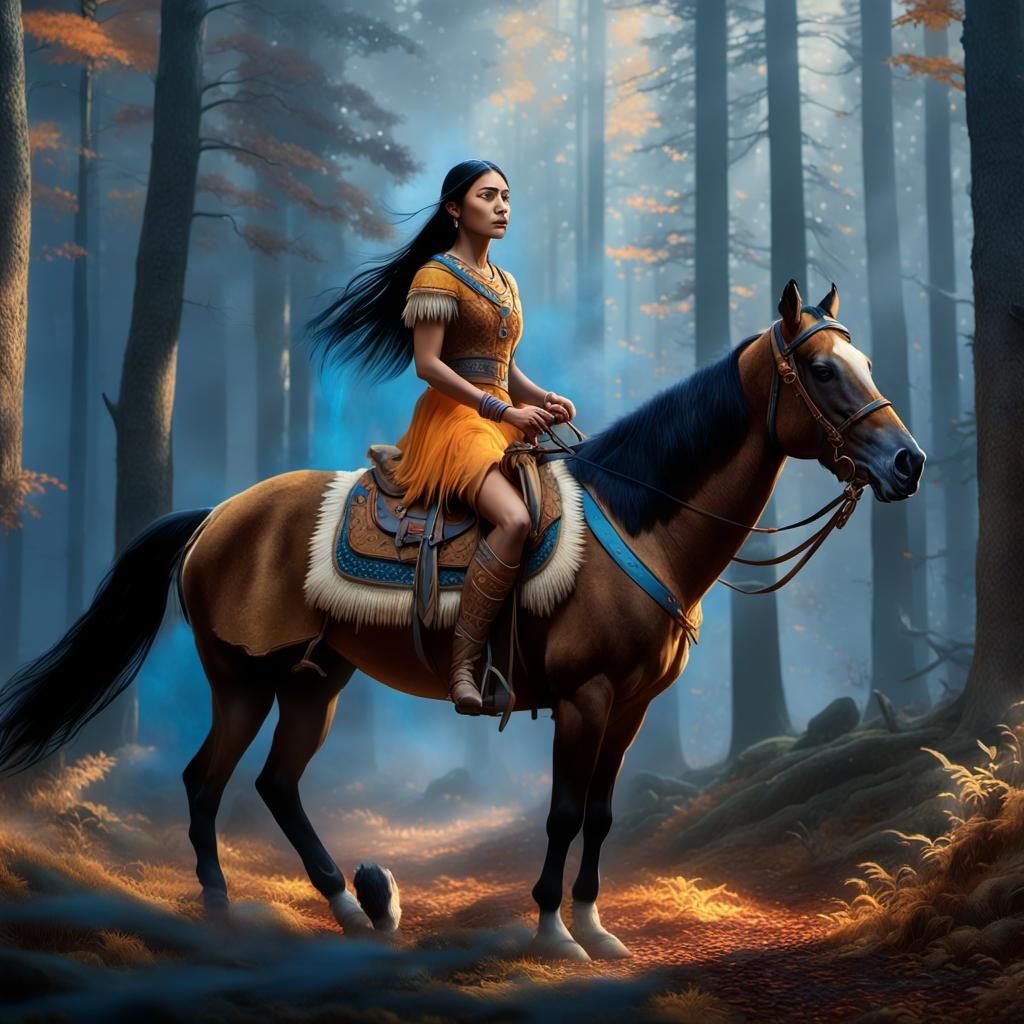 Pocahontas on Horseback in Hyperrealist Fantasy Style