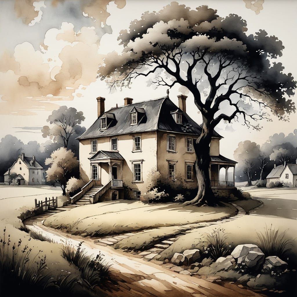 Watercolor art, black and white drawing of house and tree