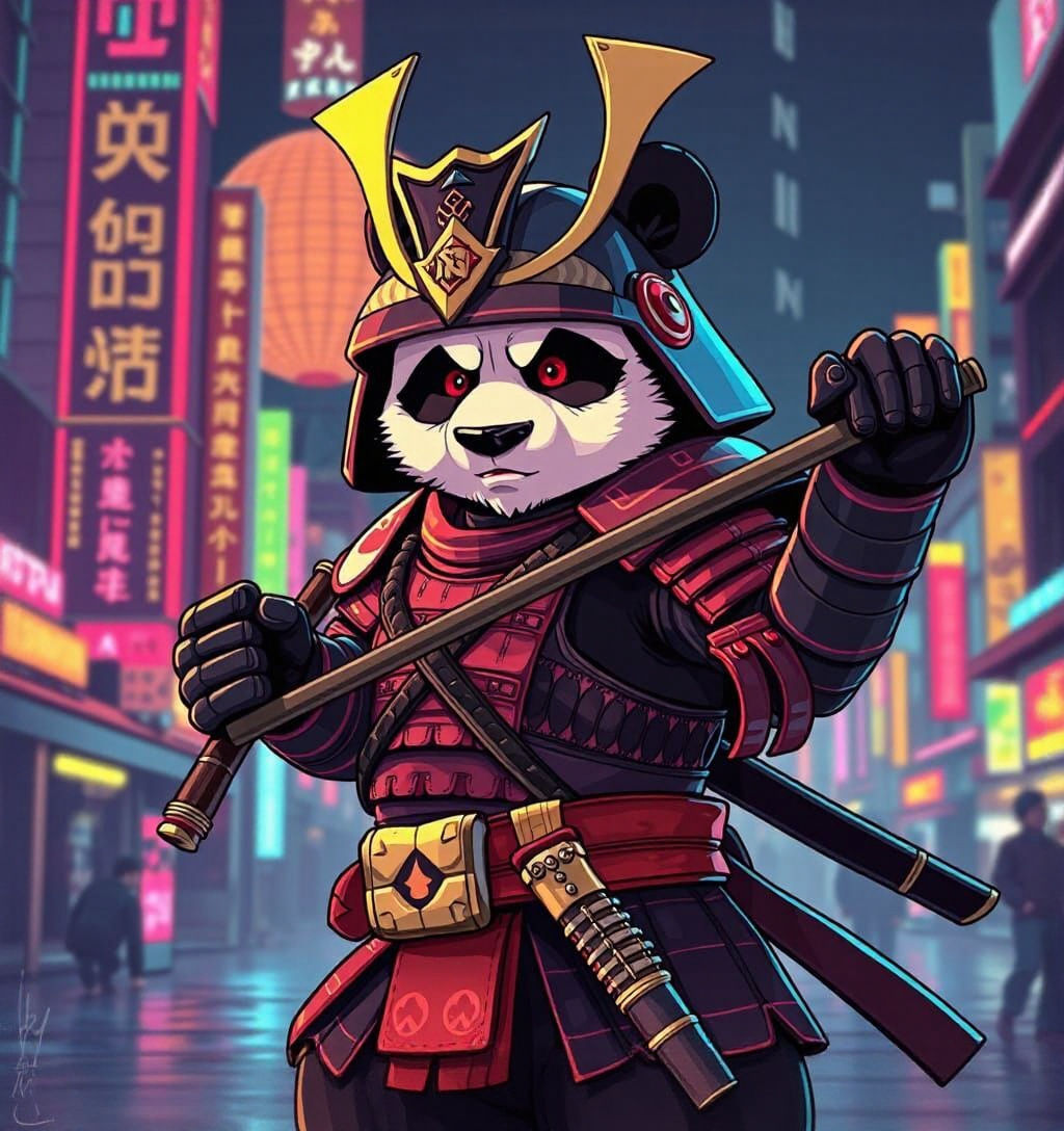 Samurai Panda in Cyberpunk City, Digital Illustration