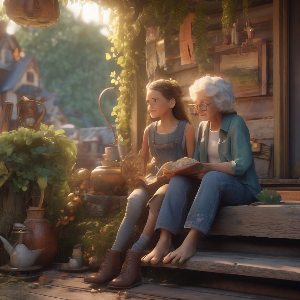 Heartwarming Scene of Girl and Grandmother on Porch