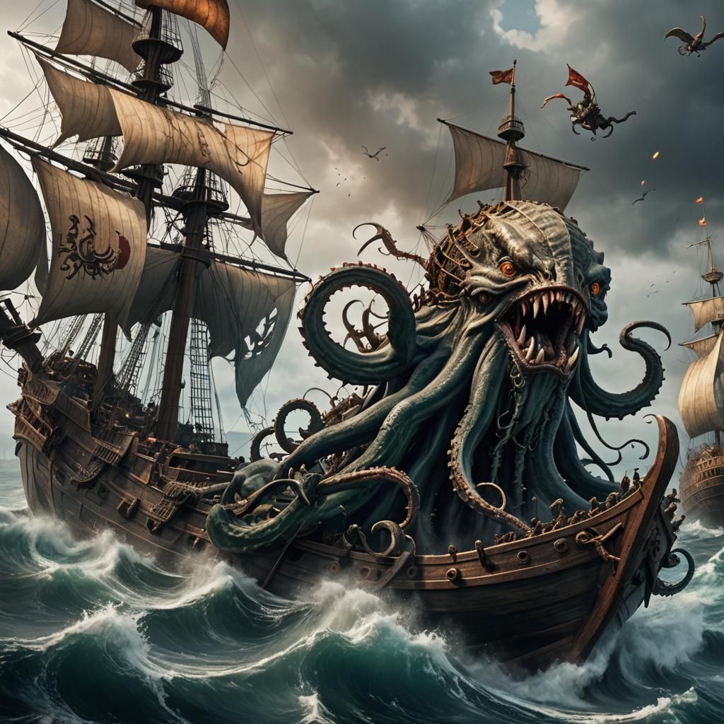 Kraken Attack on Warship: Medieval Fantasy Art
