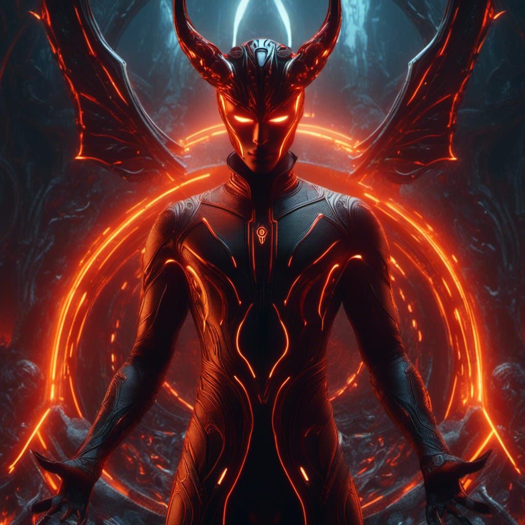The Devil: Prince of Darkness. Blood red, glowing orange, amber and black. In a demonic realm <lora:Gridrunners v1:1.0>