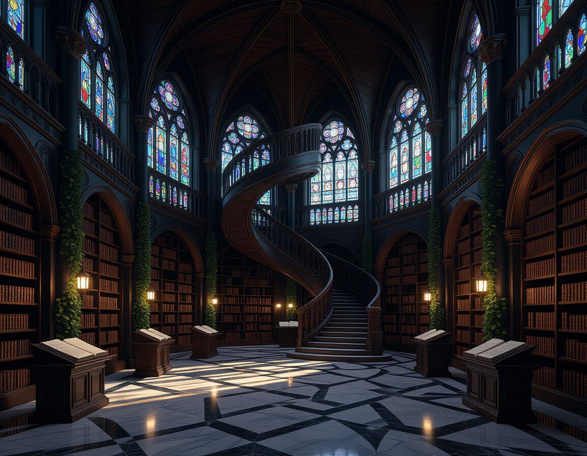 Elven Library Atrium with Spiral Staircases, Gothic Organic ...