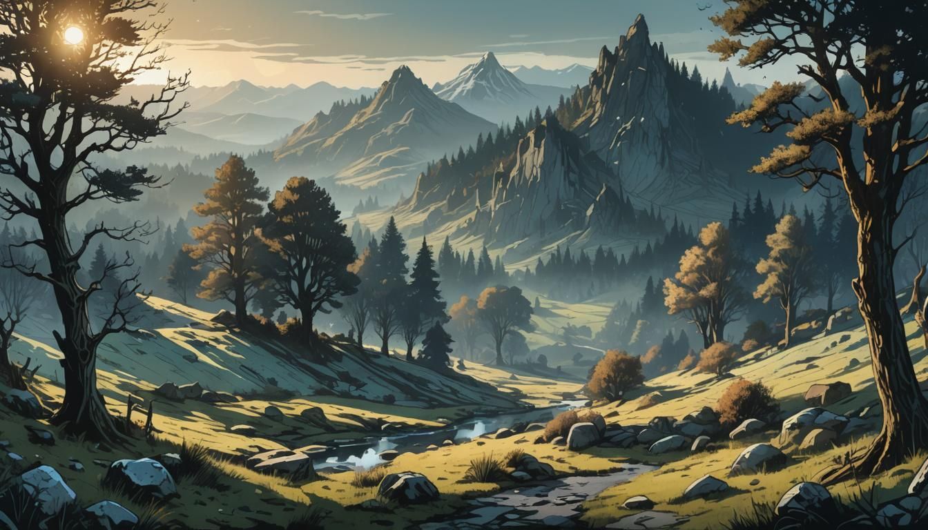 Dusk Valley Meadow in Retro D&D Style