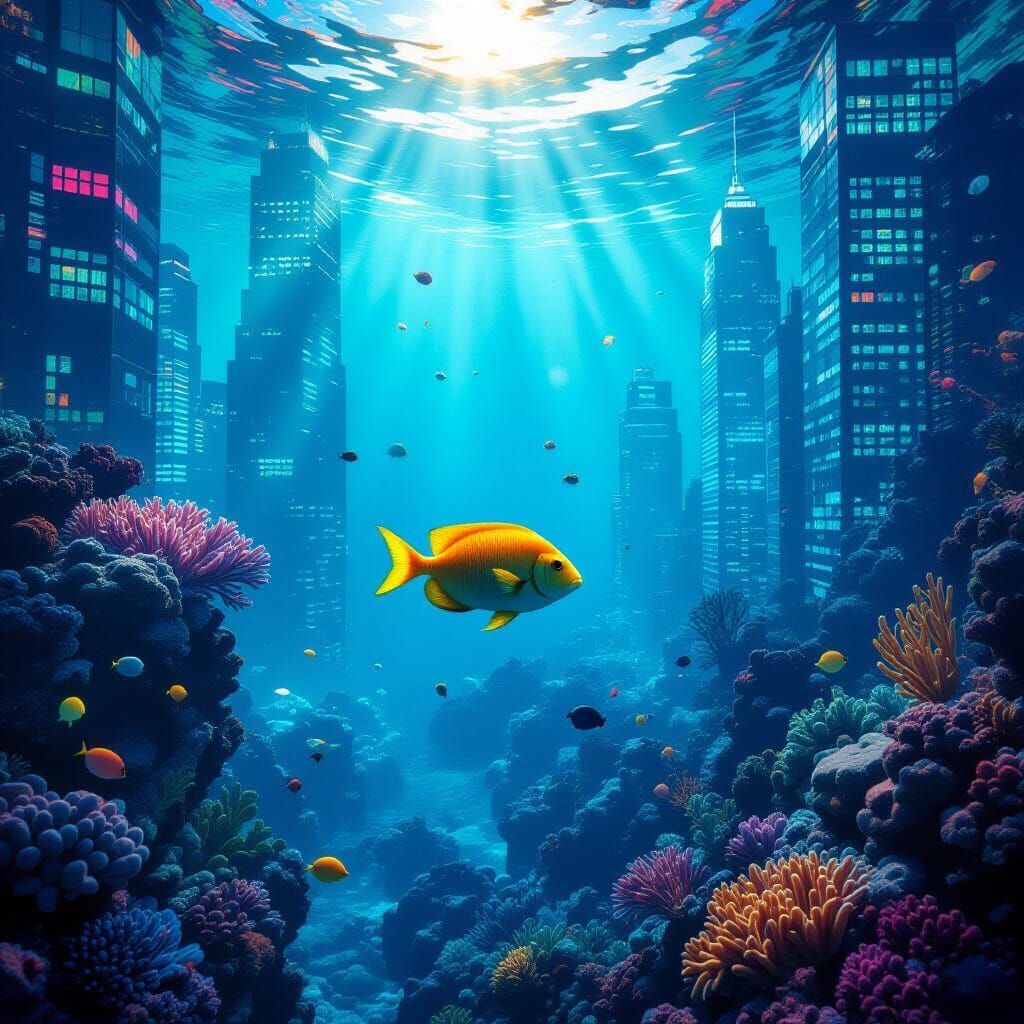 Underwater Cityscape with Yellow Fish, Cinematic Style