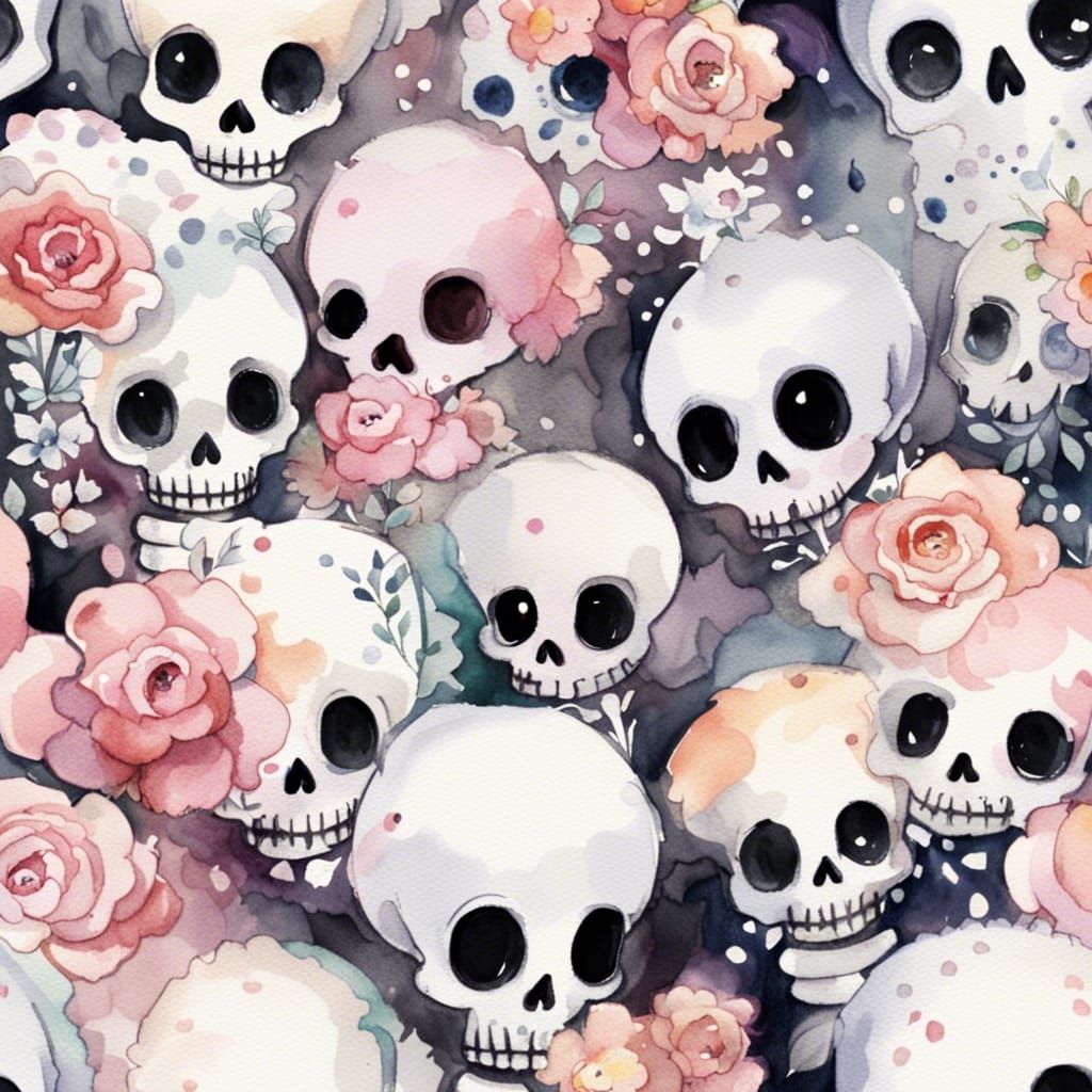 Watercolor Chibi Sugar Skull Skeletons with Flowers