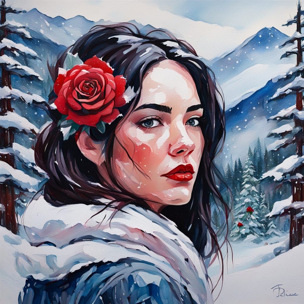 Woman with Rose in Snowy Landscape: Acrylic Painting