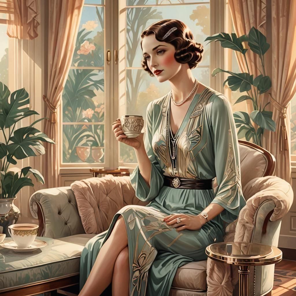 Elegant 1920s Woman at Breakfast in Art Deco Style