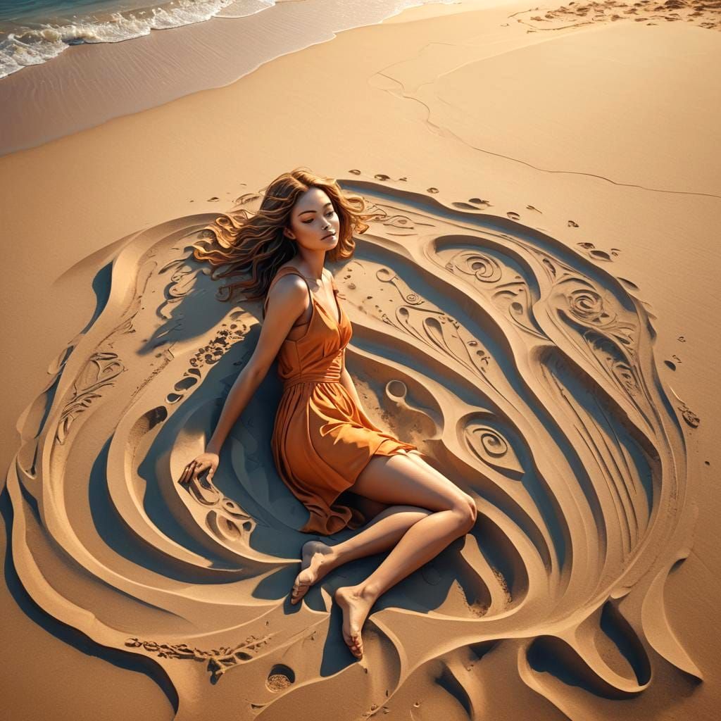 Sand Art Beach Design: Girl in Detailed Matte Painting