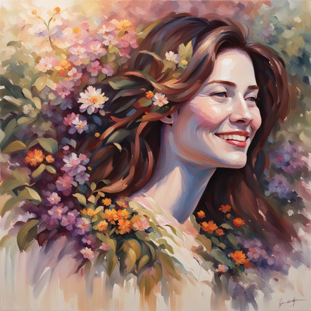 Smiling Woman in Garden: Vibrant Oil Painting
