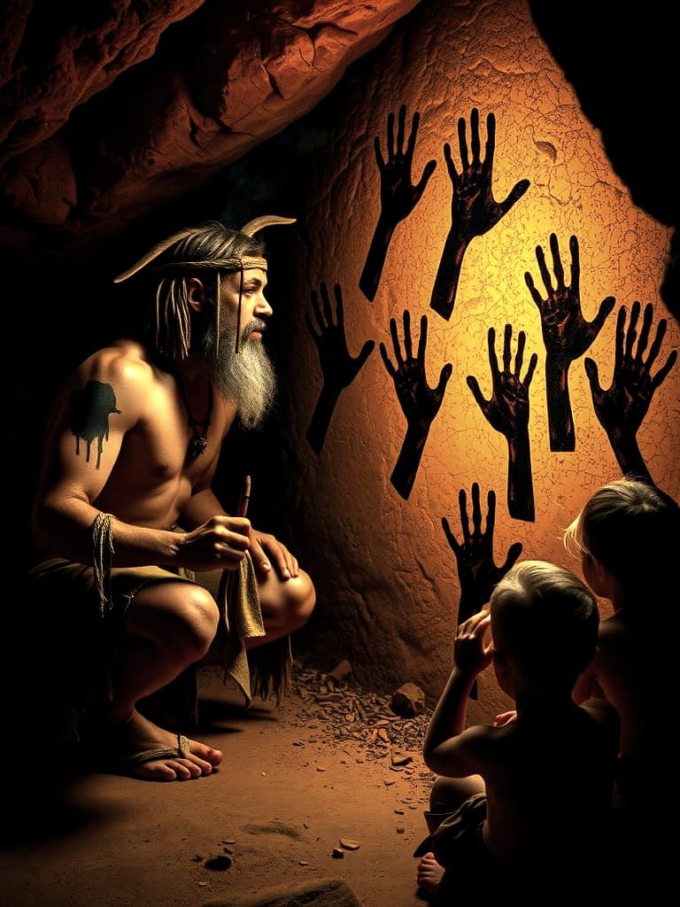 Prehistoric Man Paints Cave Art of Children's Hands