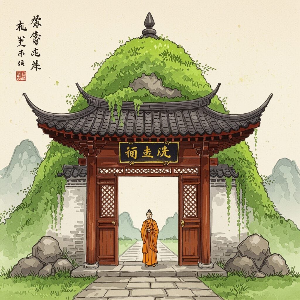 Ancient Chinese Gate atop Mossy Hill: Tang Dynasty Style