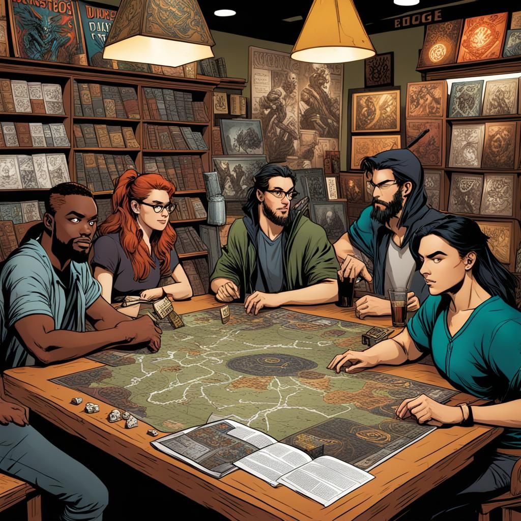 Mixed group of young adults playing dungeons and dragons at a table.  Background:  Comic Book Store.