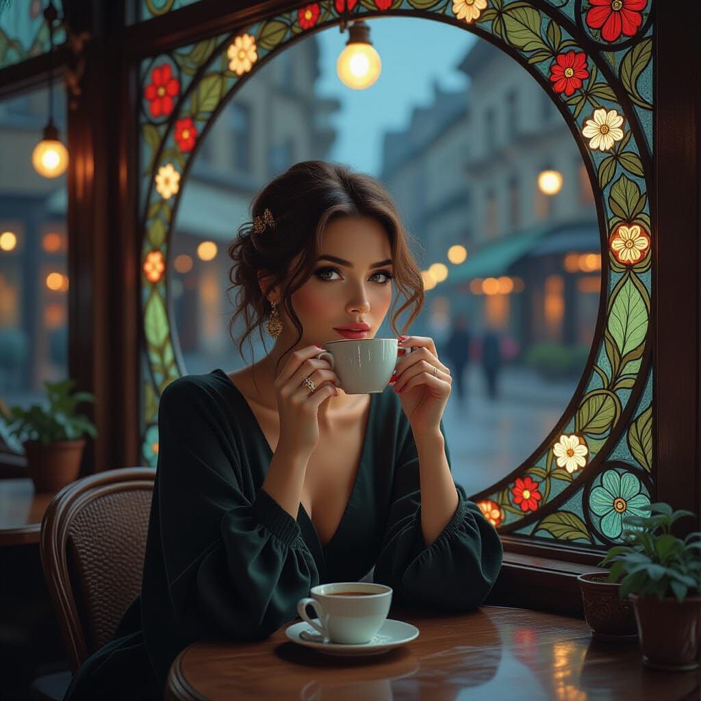 Night Cafe Woman in Art Nouveau Style