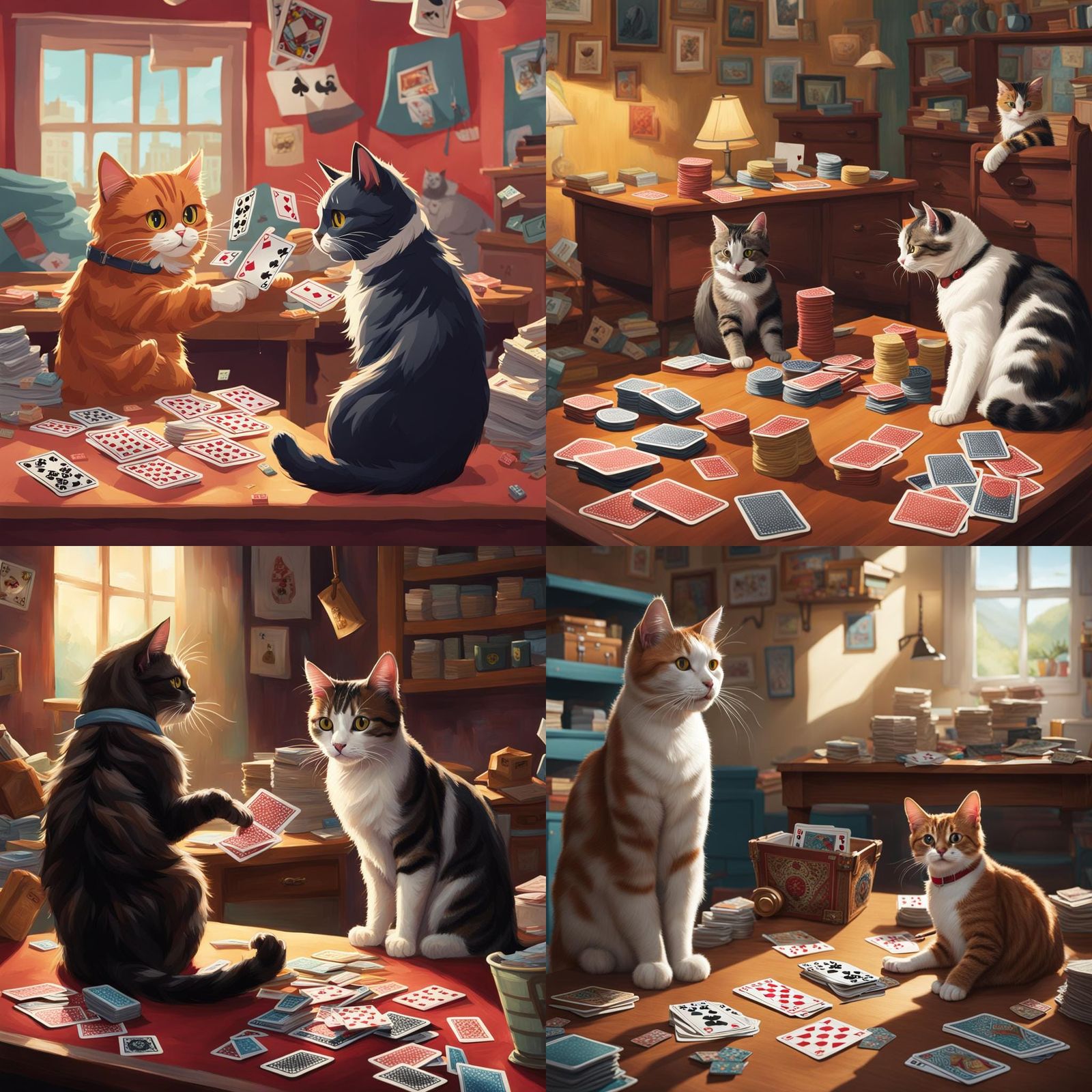 Cats Playing Cards in a Game Room