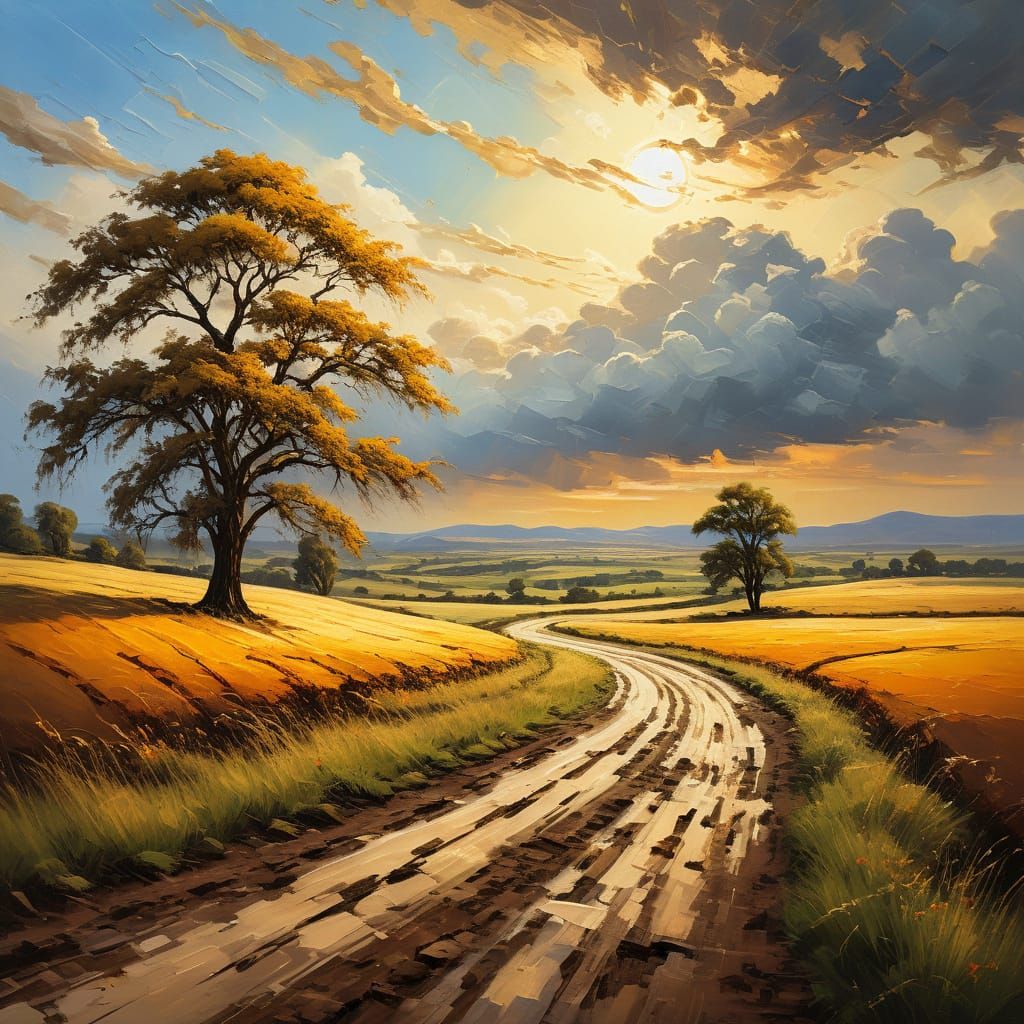 Dirt Road Through Grasslands: Impasto Oil Painting