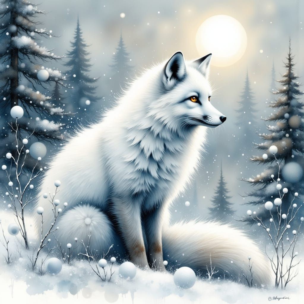 White Fox Sniffing Air on Snowy Hill
