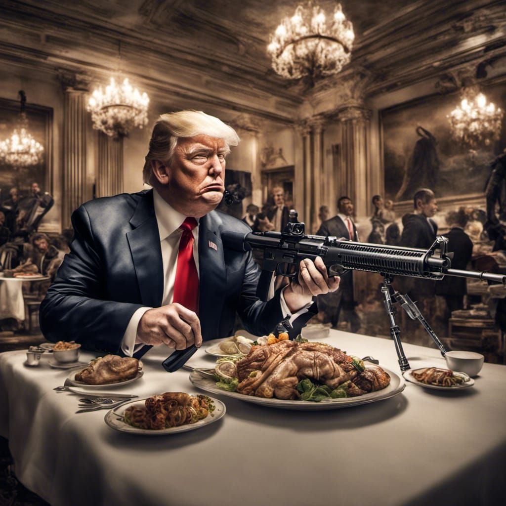 Trump at Buffet with Machine Gun in HDR