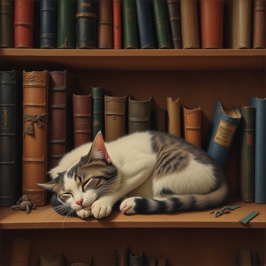 Tabby Kitten Sleeping on Bookshelf