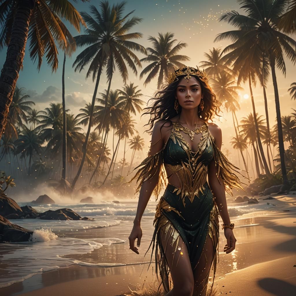 Sunrise Beach Scene with Gold Glitter, Fantasy Art