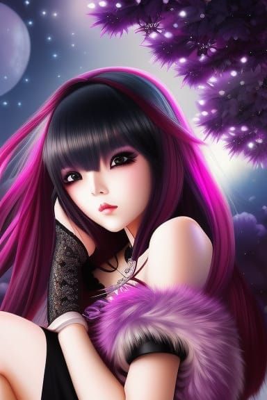 Attractive Goth Girl with Shiny Hair in Ghibli Style