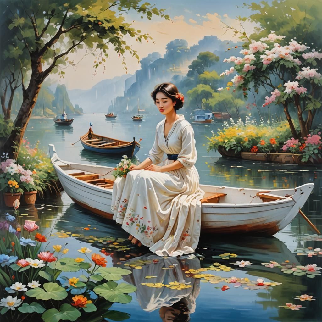 Woman on Flower Boat: Vivid Oil Painting