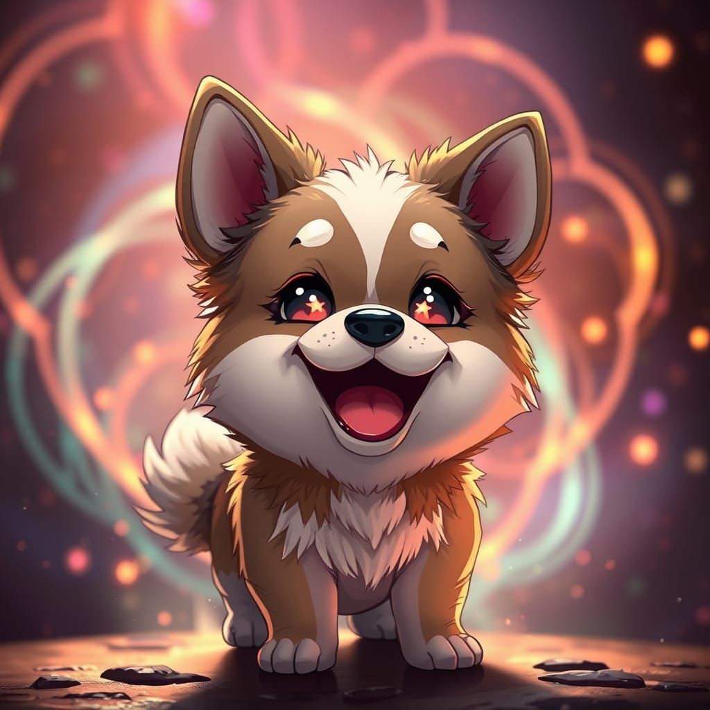 Joyful Chibi Dog in Vibrant, Swirling Lights