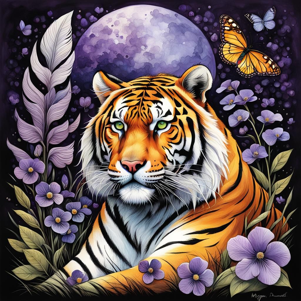 Cel-Shaded Tiger with Violets