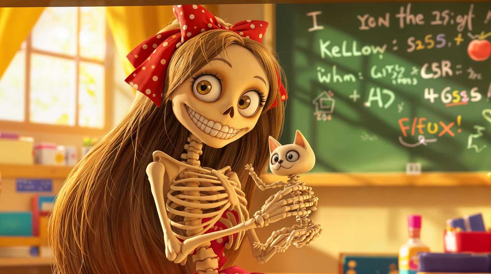 Whimsical CGI Skeleton Student Presents Feline Friend