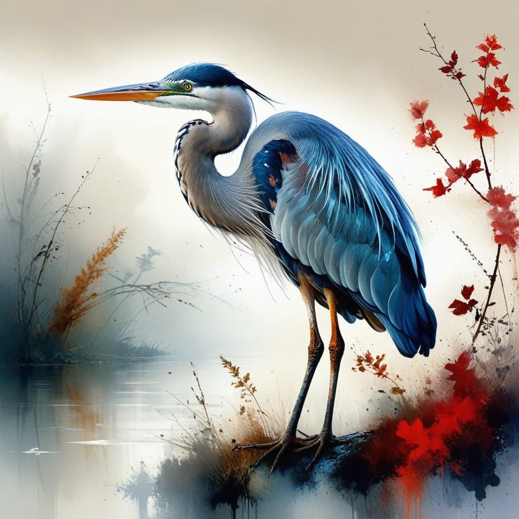 Elegant Great Blue Heron in Australian Oil Painting