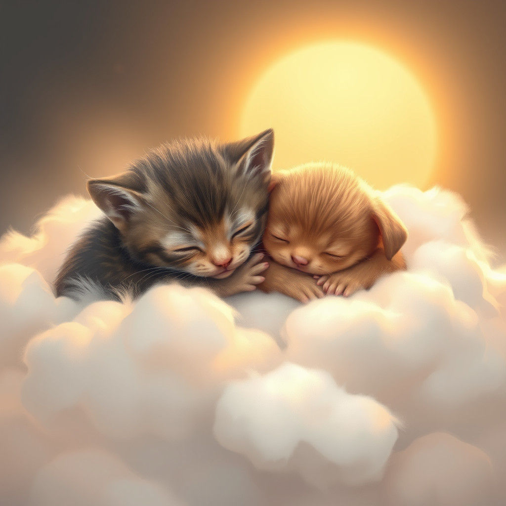 Kitten and Puppy Sleeping on a Cloud