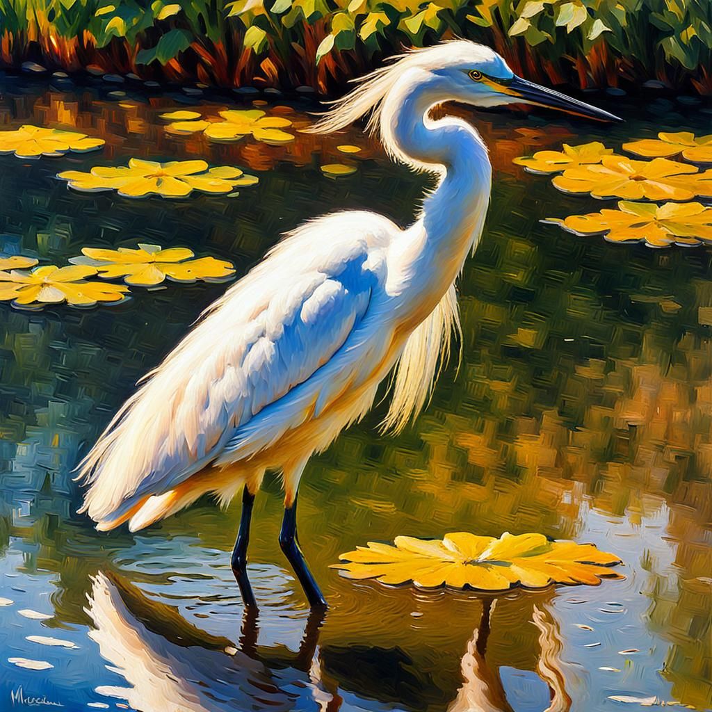 Snowy Egret Wading: An Impressionist Painting