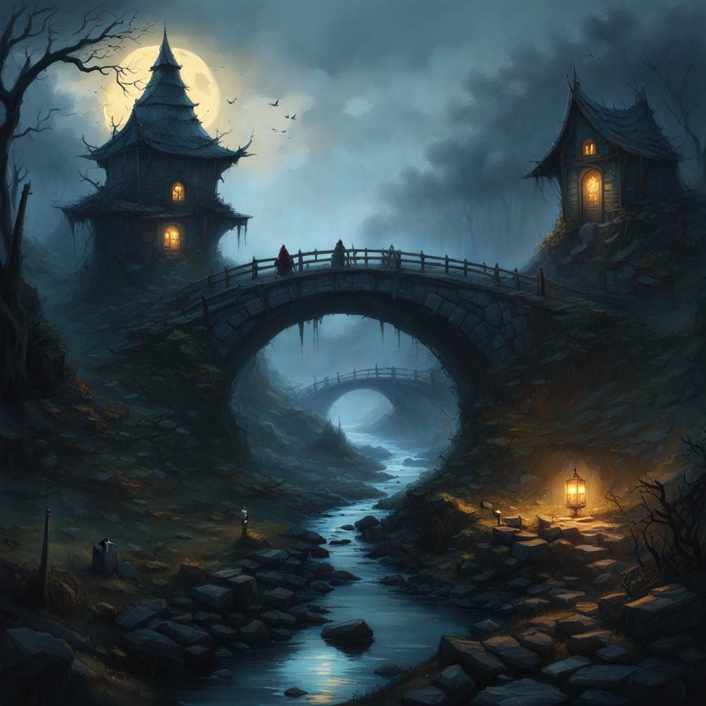 Epic Ruined Spooky Village with Stone Bridge
