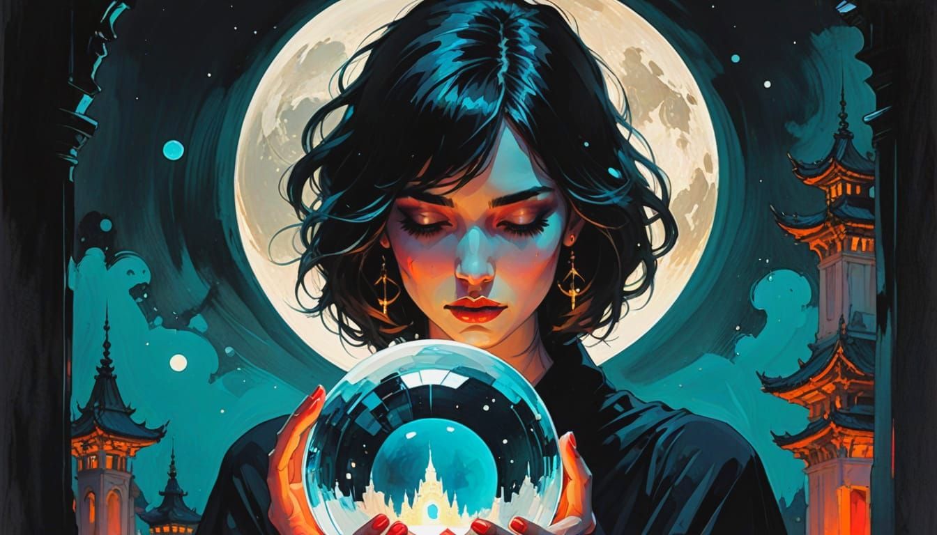 Moonlit Temple with Crystal Ball in Ethereal Style