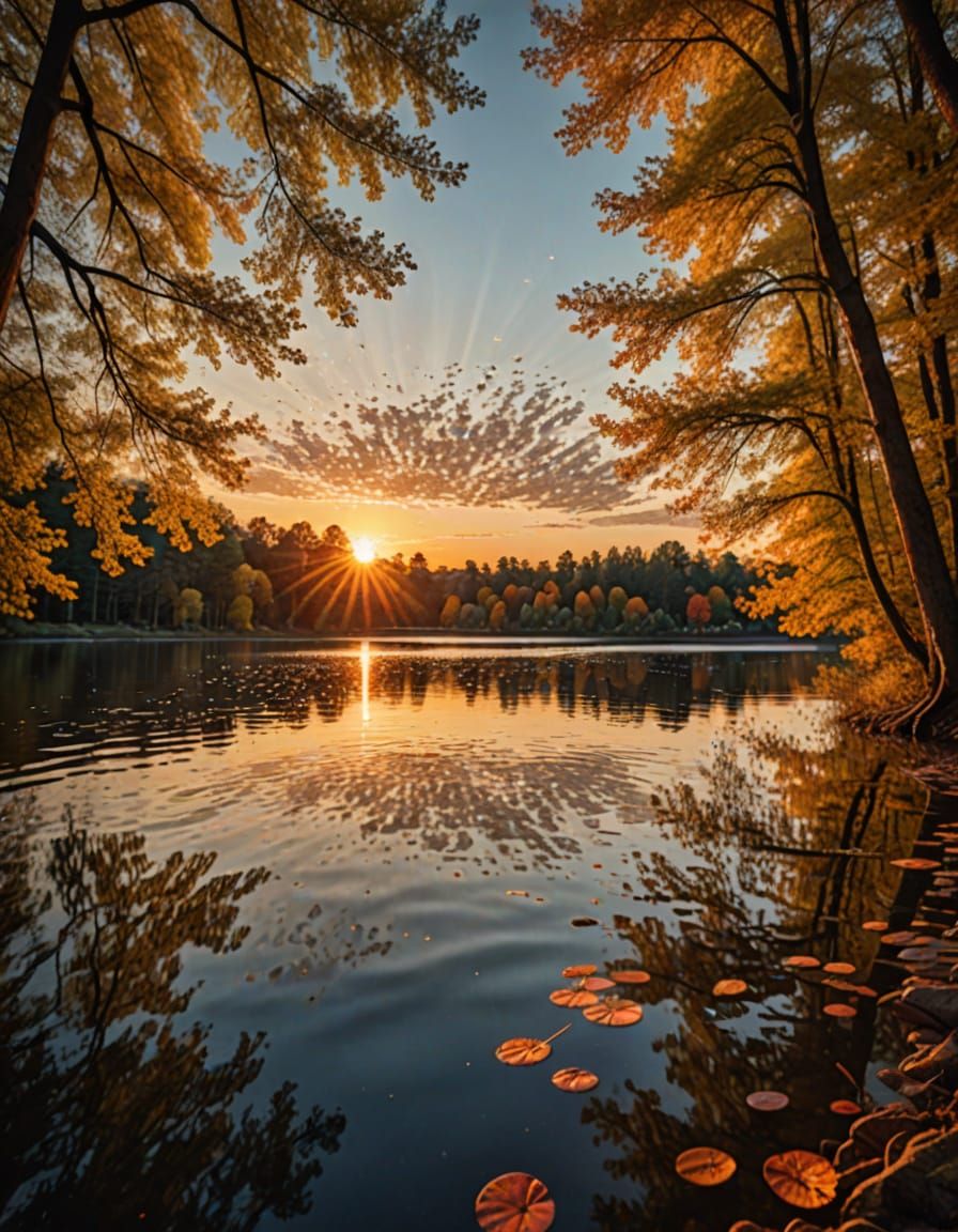 Vibrant Sunset Over Lake in Hyperrealistic Style