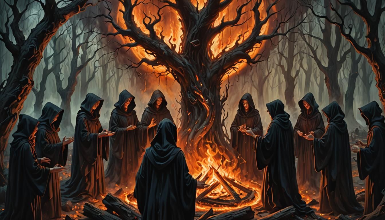 Dark Fantasy Witches Summoning Ritual in Oil Painting Style