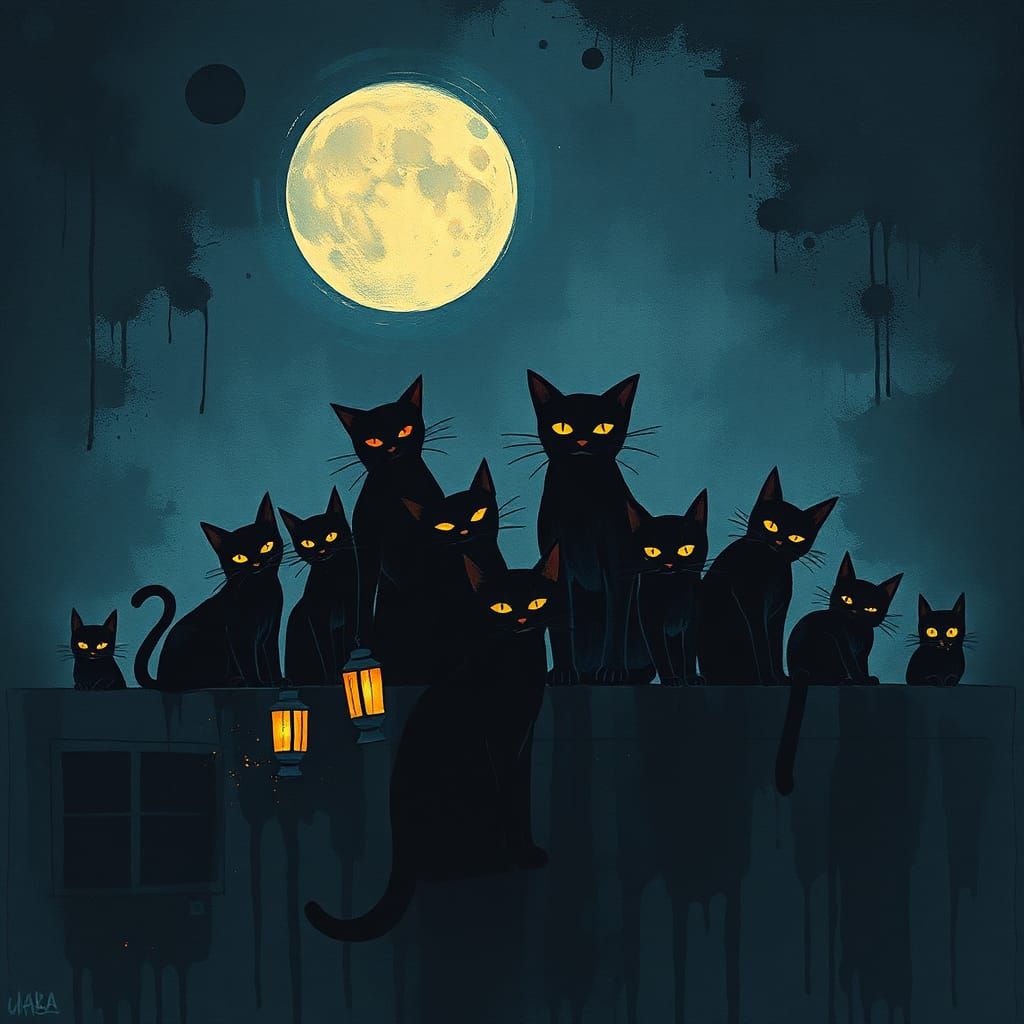 Cats on Rooftop at Night in Ink Splatter Style