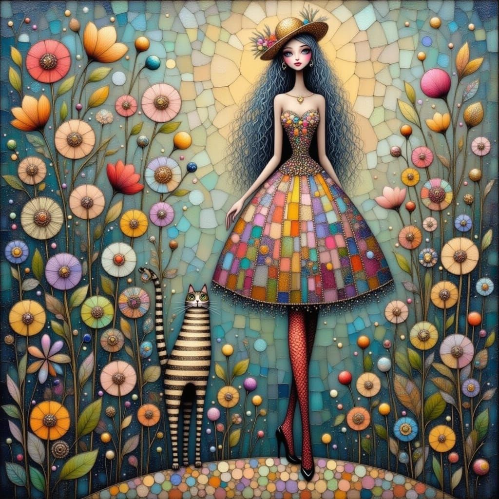 Whimsical Cat Lady in Dreamlike Scene