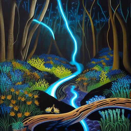 Bioluminescent Forest Stream: Fantasy Acrylic Painting