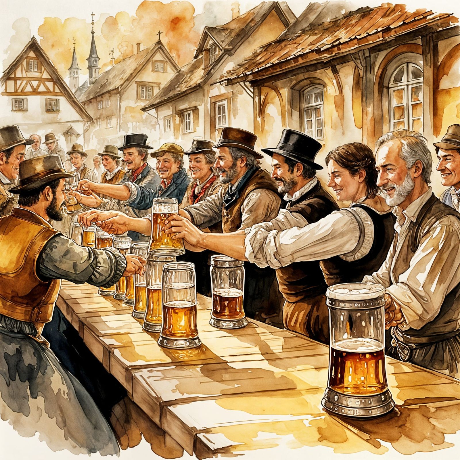 Friends Toasting at Oktoberfest: Historical Illustration