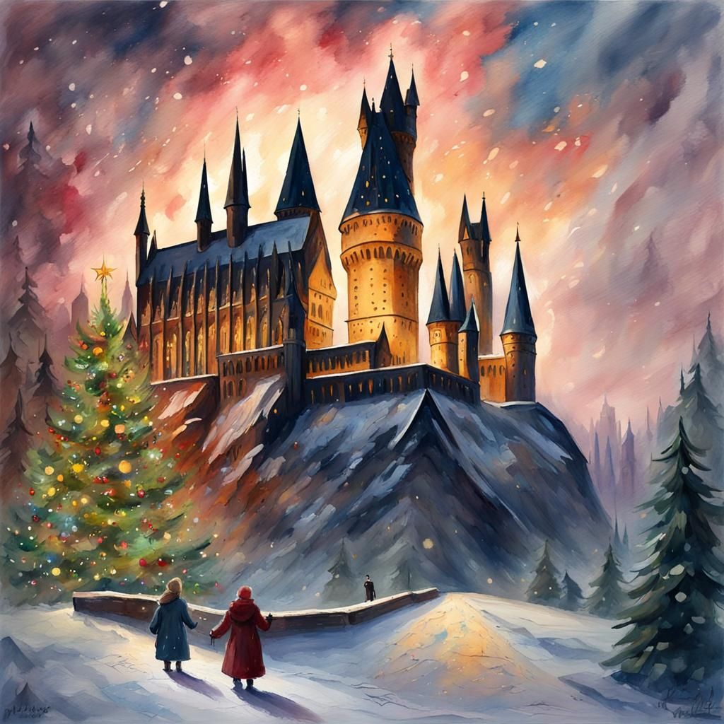 Christmas at Hogwarts in Gouache Style